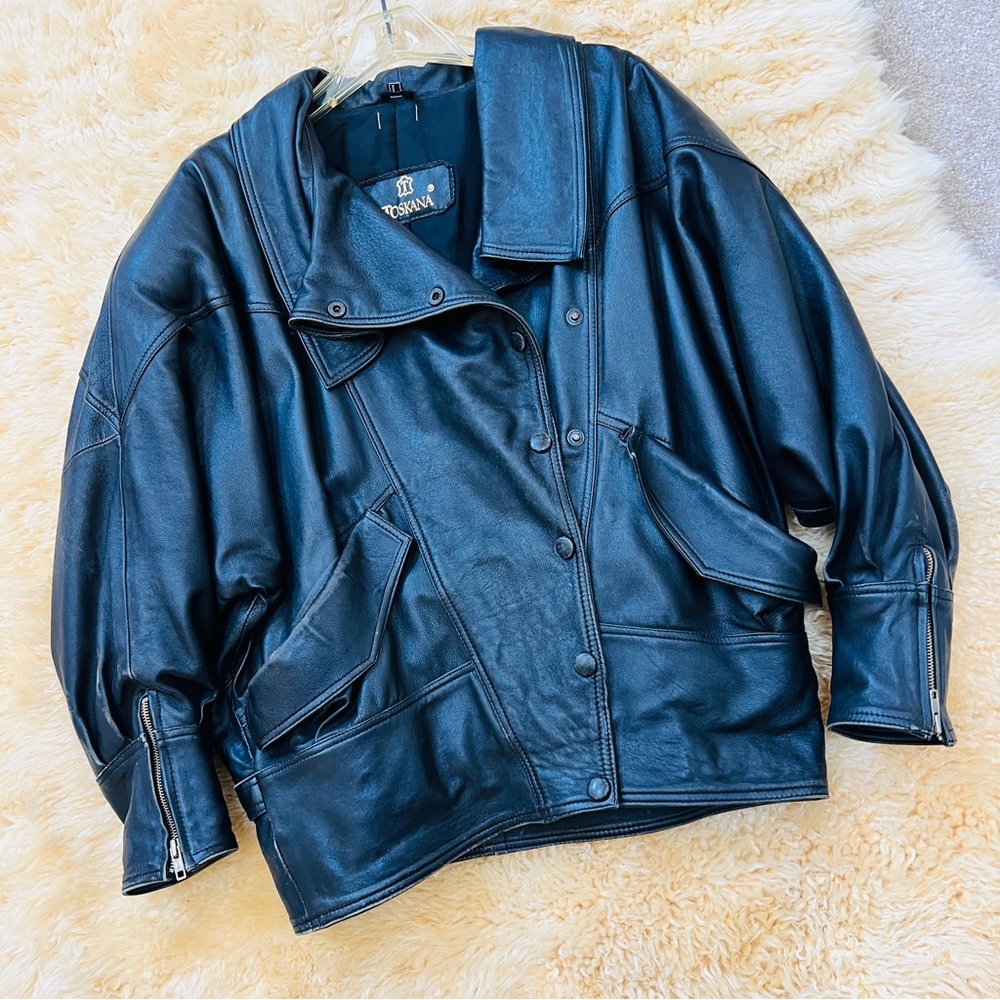 Authentic vintage retro moto jacket women's black leather coat Toskana size L